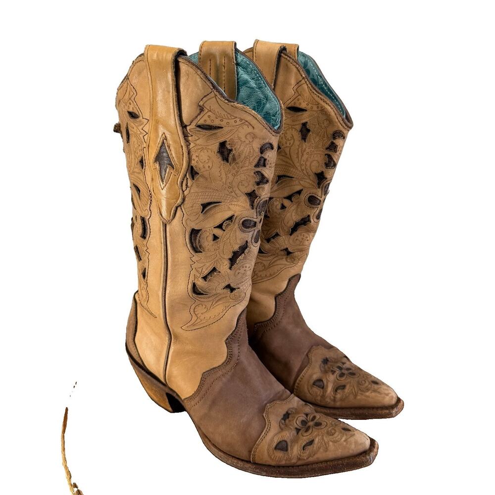Corral Cowboy Boots Womens 6.5 Tan Leather Inlay Floral Vintage Western